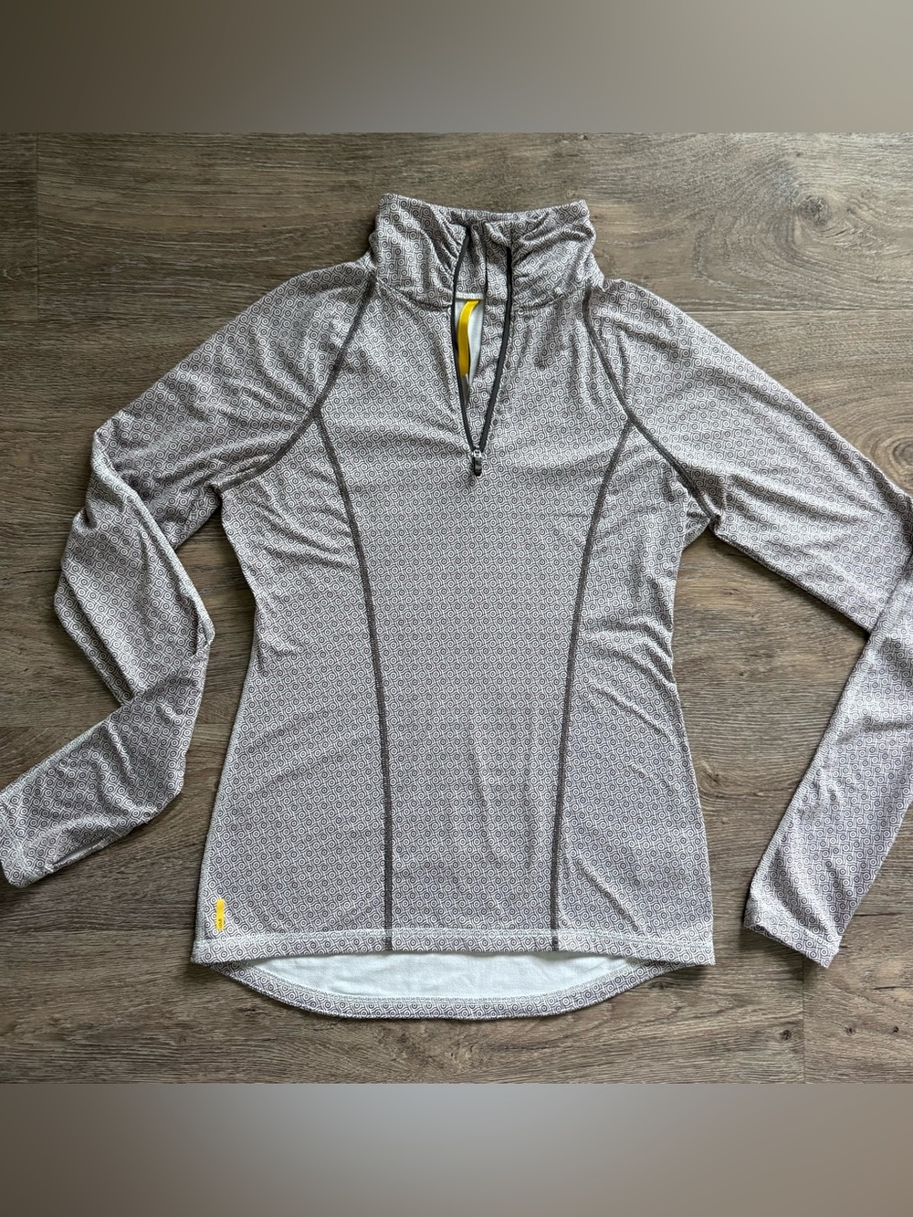 Lole Women's Long Sleeve Half-Zip Top in Light Gray with Yellow Accent
